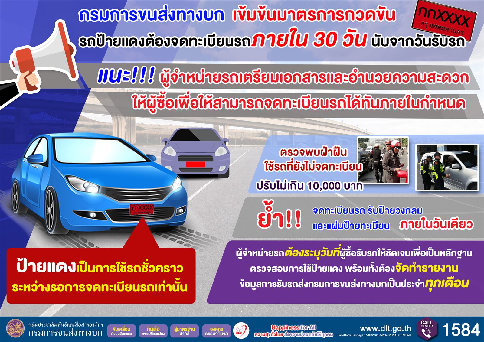 ตั้งแต่วันที่ 1 มกราคม 2561 เป็นต้นไป เริ่มมาตรการกวดขันรถป้ายแดงต้องจดทะเบียนรถภายใน 30 วัน